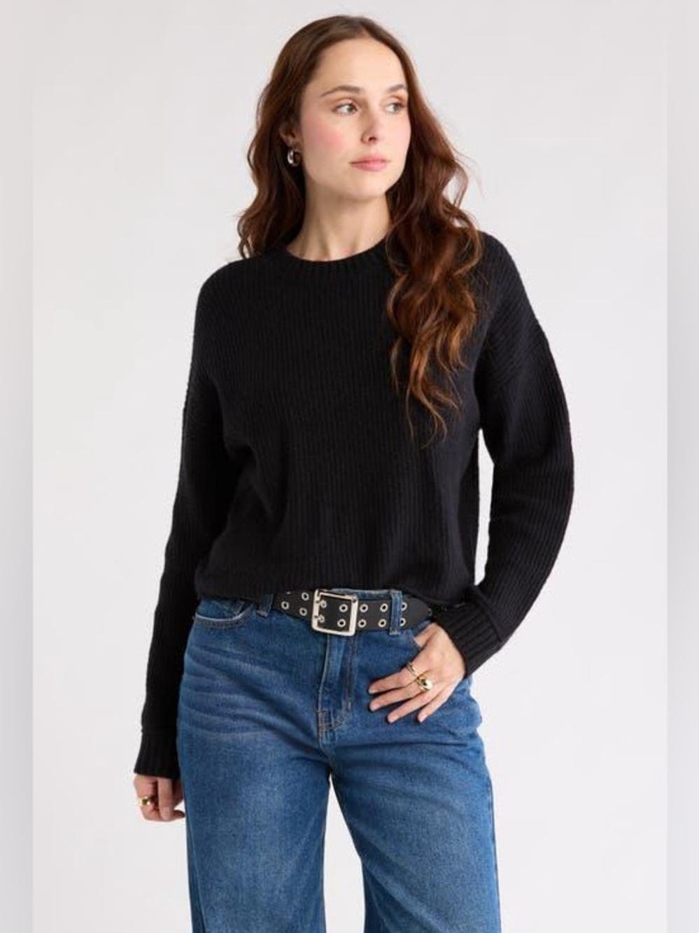 Abound Black Crewneck Sweater - Ribbed Hem